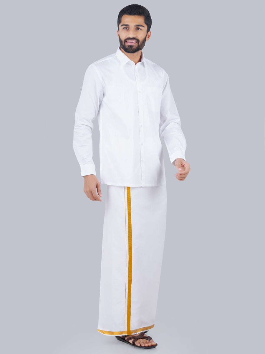 Mens Cotton White Full Sleeves Plus Shirt with 3/4''Jari Dhoti-Side view