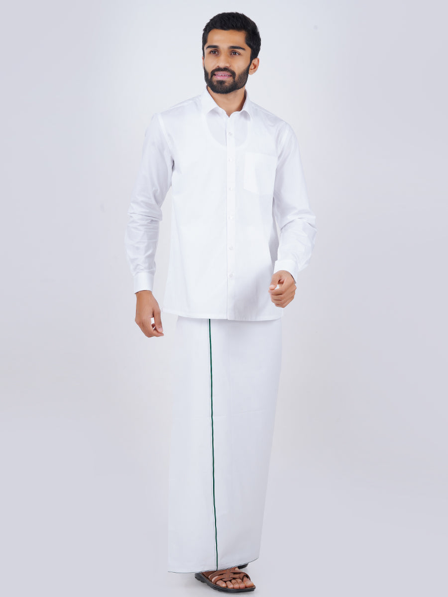 Mens Formal White Full Sleeves Shirt with Small Border Dhoti Combo