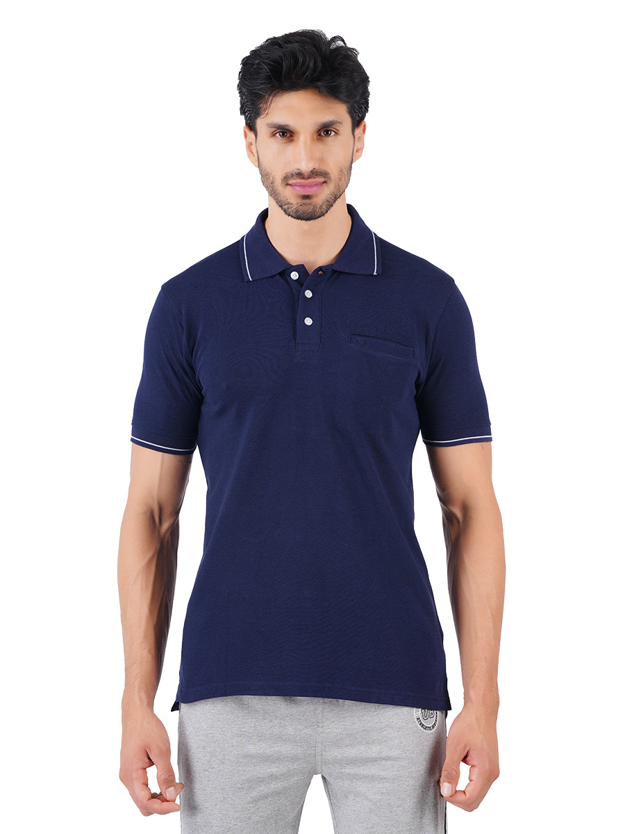 Cotton Blend Polo T-Shirt Navy with Chest Pocket