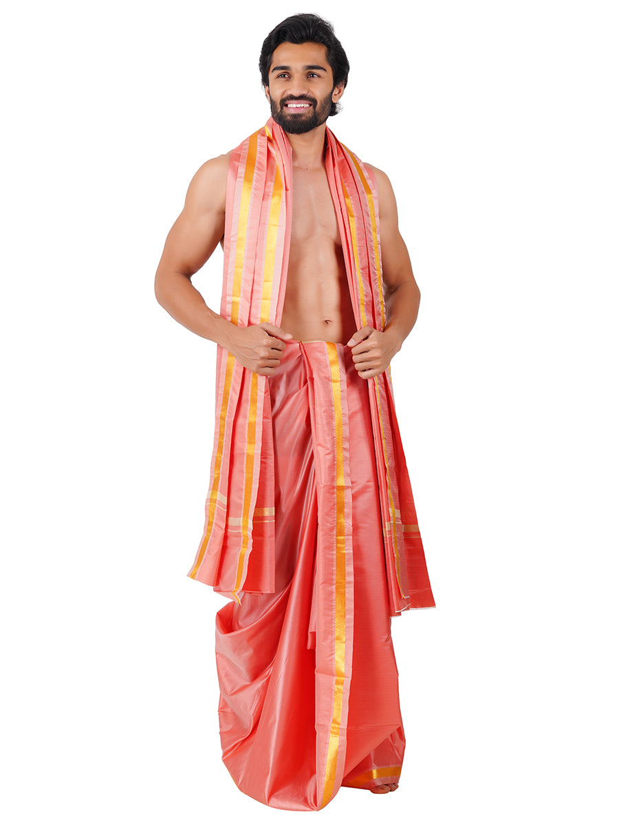 Mens Art Silk Panchakacham with Angavastram Sankaranthi Gold 50K (9+5) L.Pink-Side view