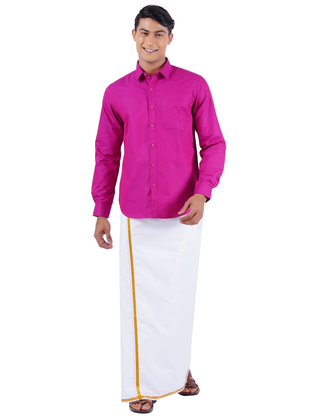 Mens Cotton Full Sleeves Shirt with 1/2" Gold Jari Dhoti Combo