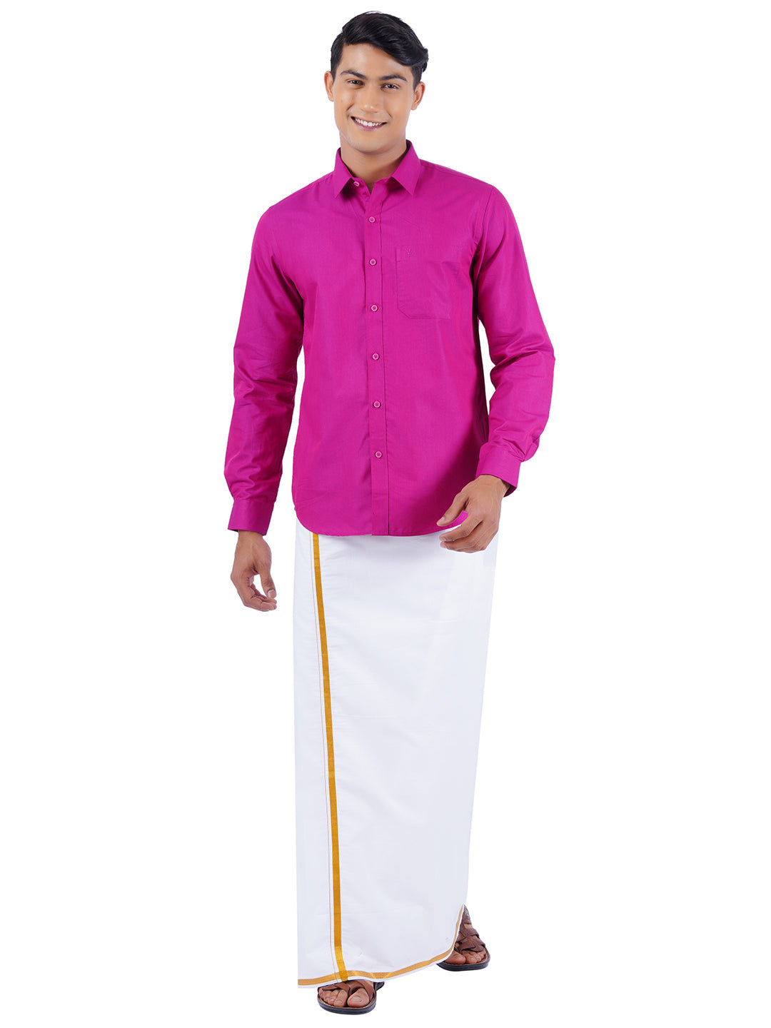 Mens Cotton Color Full Sleeves Shirt with 1/2'' Gold Jari Dhoti Combo