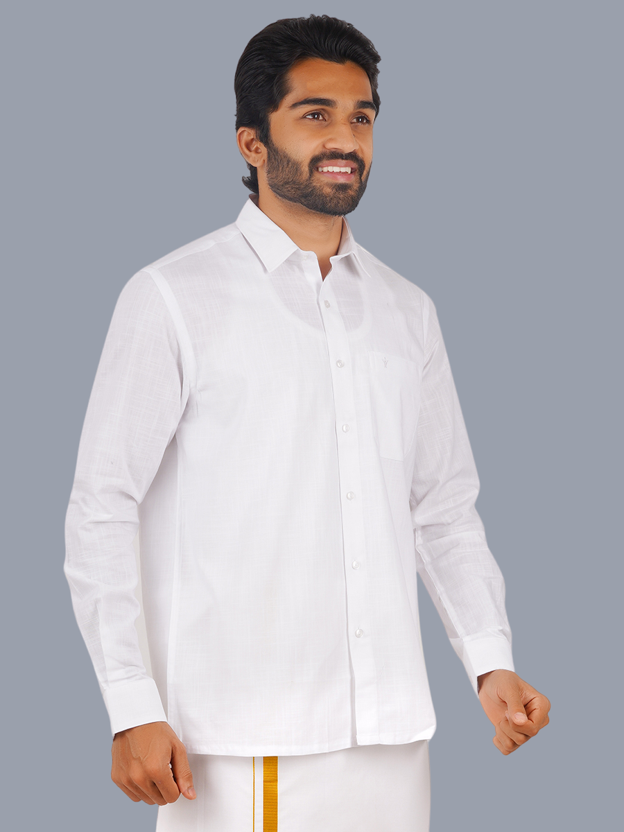 Mens Cotton Linen White Full Sleeves Shirt with 3/4'' Gold Jari Double Dhoti Combo-Side view