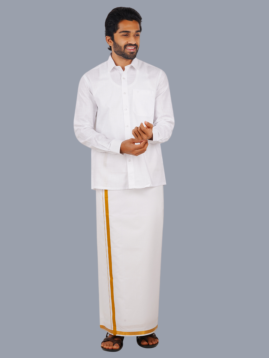 Mens Cotton Linen White Full Sleeves Shirt with 3/4'' Gold Jari Double Dhoti Combo