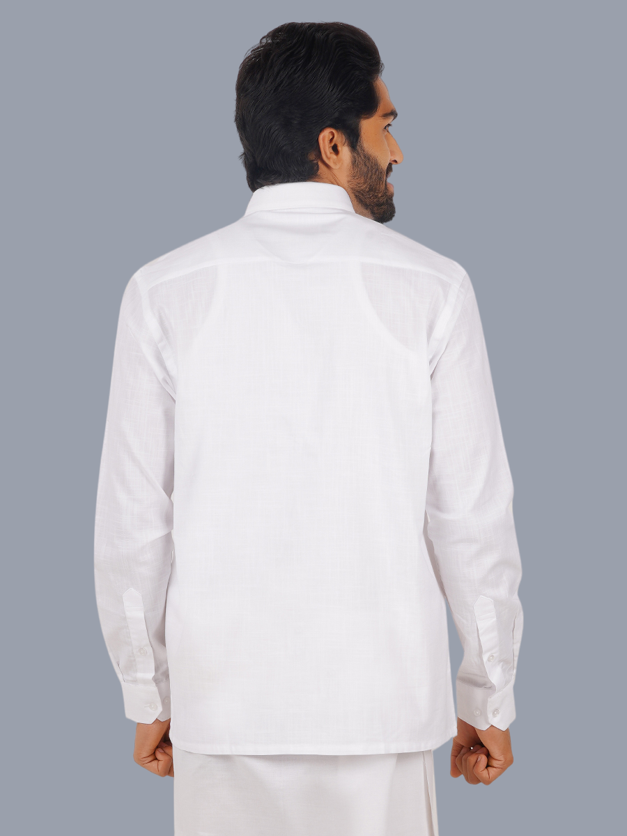 Mens Cotton Linen White Full Sleeves Shirt with 3/4'' Gold Jari Double Dhoti Combo-Backview