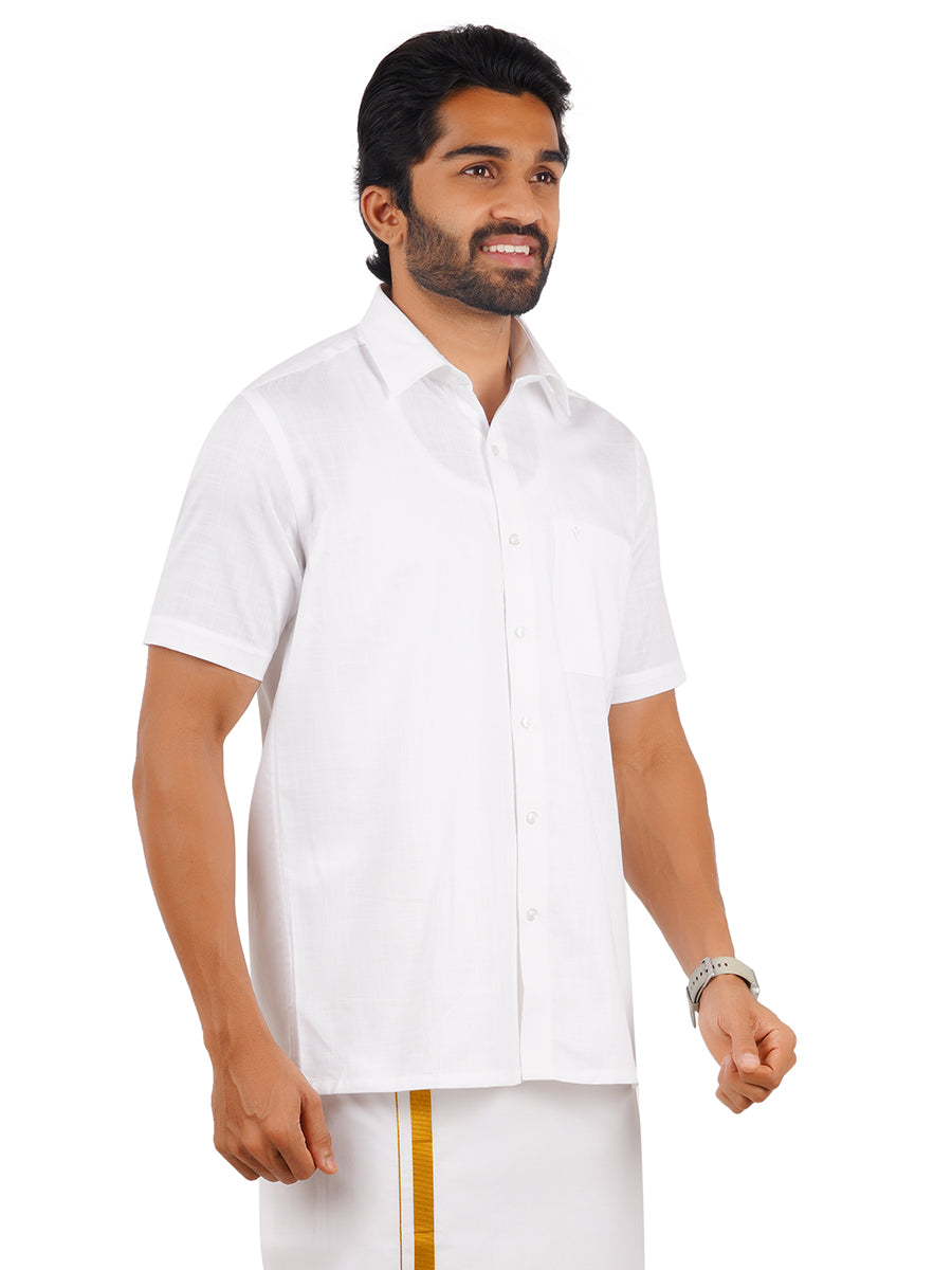 Mens 100% Cotton White Shirt Half Sleeves Celebrity White V2 -Side view