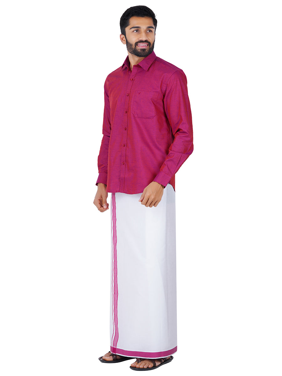 Mens Fancy Border Dhoti & Shirt Set Full Sleeves Purple G111-Side alternative view