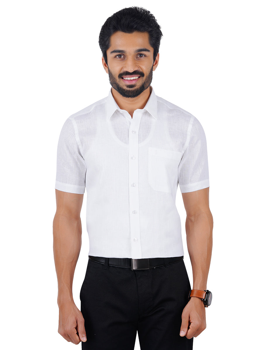 Mens 100% Pure Linen Half Sleeves White Shirt 5445