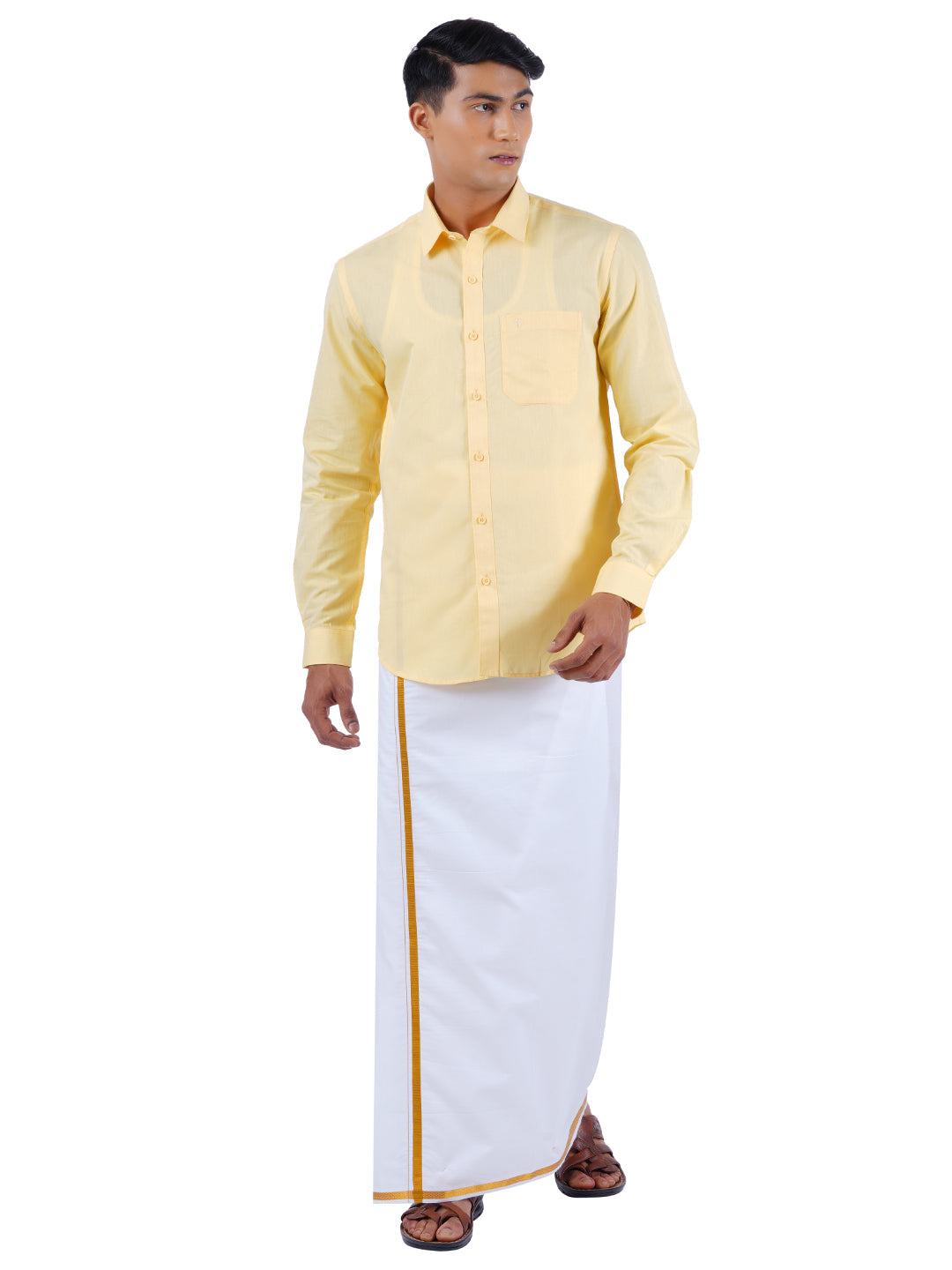 Mens Cotton Color Full Sleeves Shirt with 1/2'' Gold Jari Dhoti Combo