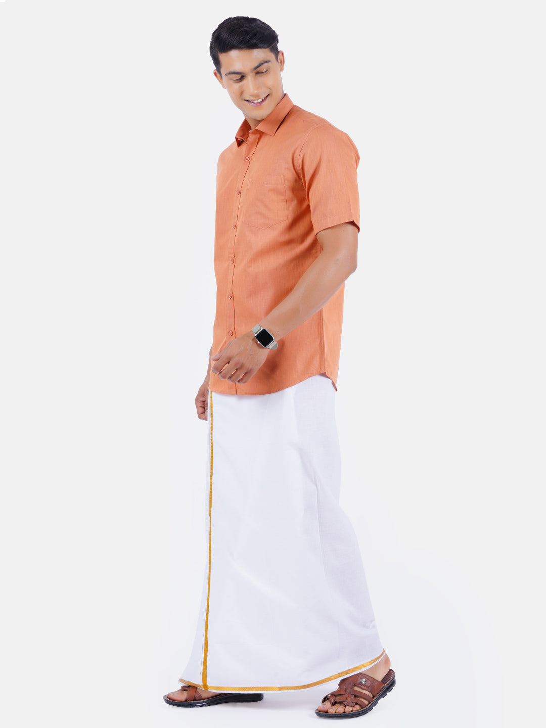 Mens Cotton Half Sleeves Shirt with 3/4'' Gold Jari Dhoti Combo-Side view