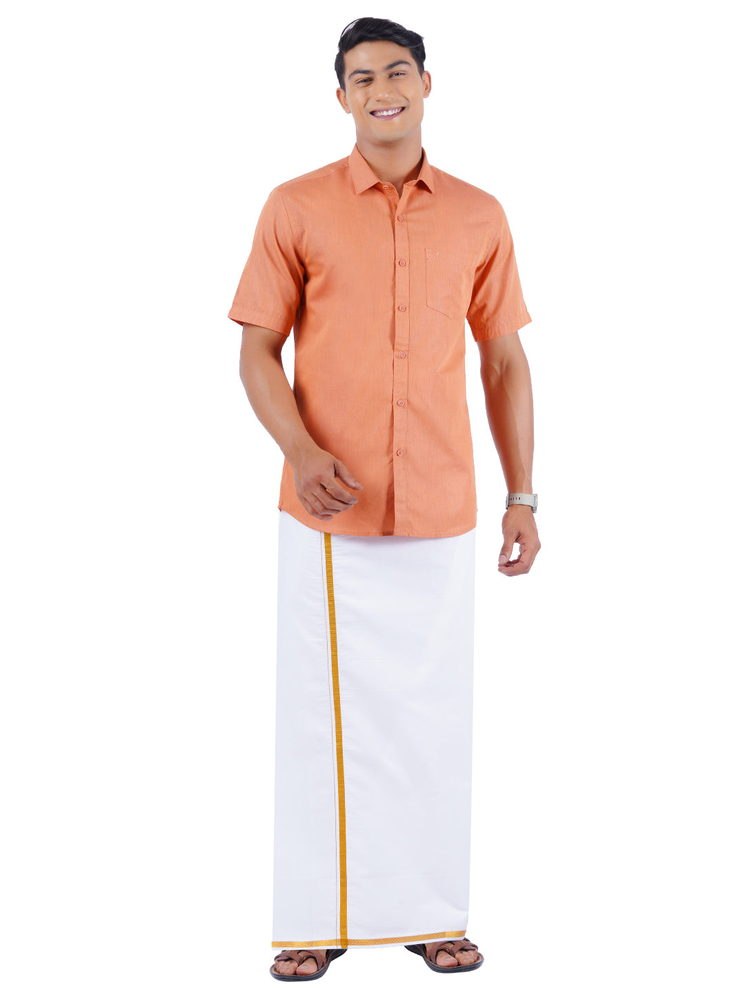 Mens Cotton Half Sleeves Shirt with 1/2'' Gold Jari Dhoti Combo