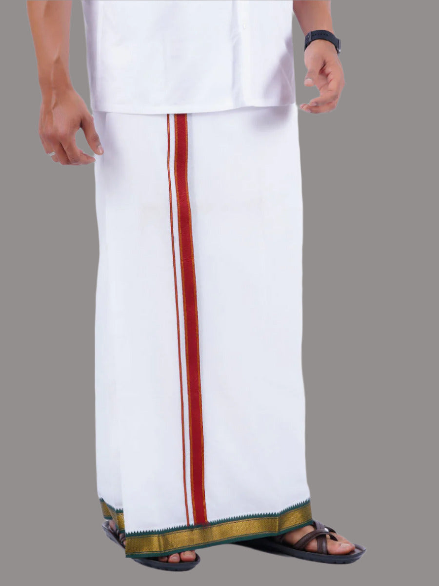 Mens Double Dhoti White with Gold Jari Border Thavasi