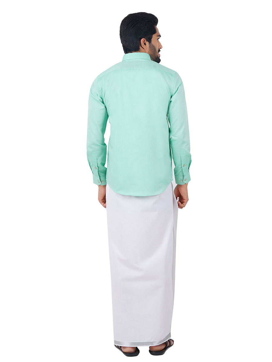 Premium Cotton Full Sleeves Green Shirt with 3/4''Silver Jari Dhoti