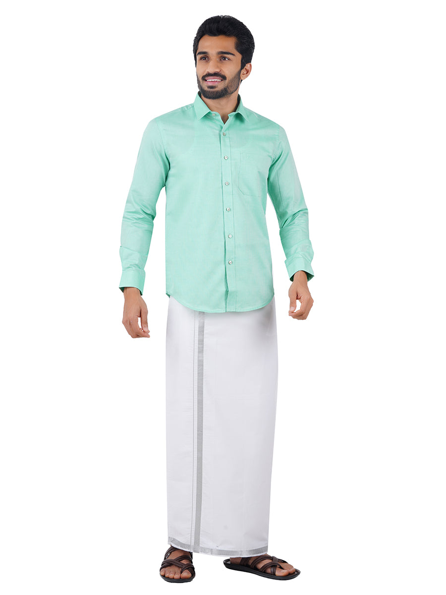 Men Green Shirt with 3/4'' Inch Silver Jari Border Single Layer Dhoti Combo