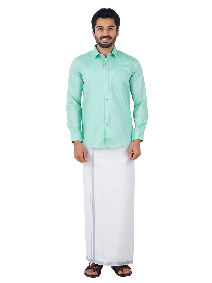 Men Green Shirt with 3/4'' Inch Silver Jari Border Single Layer Dhoti Combo