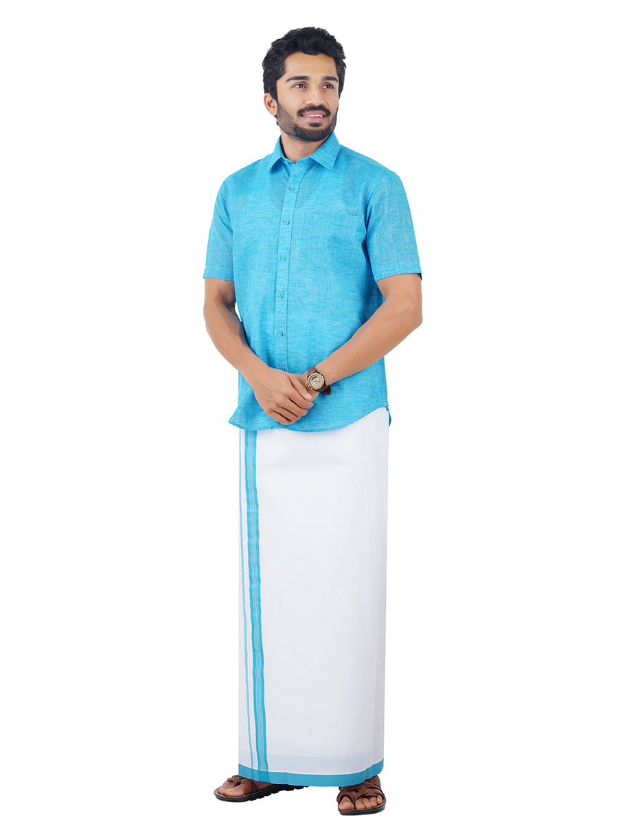 Mens Matching Border Dhoti & Half Sleeves Shirt Blue C11-Front view