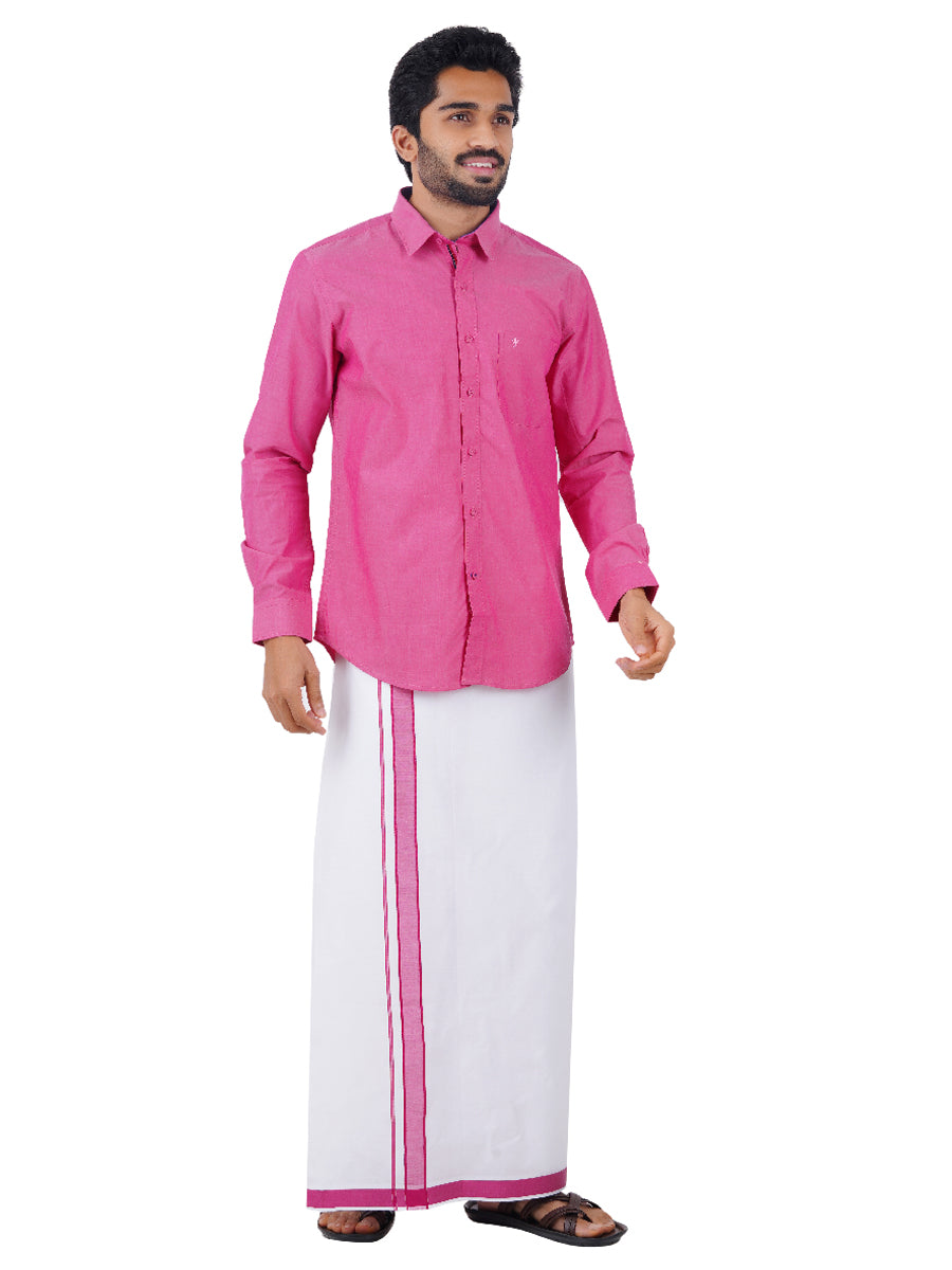 Mens Fancy Border Dhoti & Shirt Set Full Sleeves Pink G110