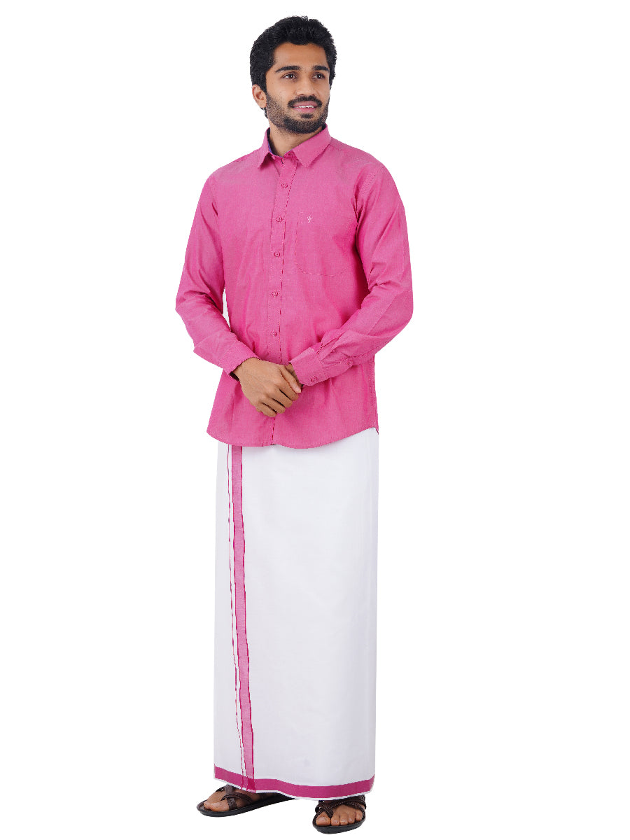 Mens Fancy Border Dhoti & Shirt Set Full Sleeves Pink G110-Front view
