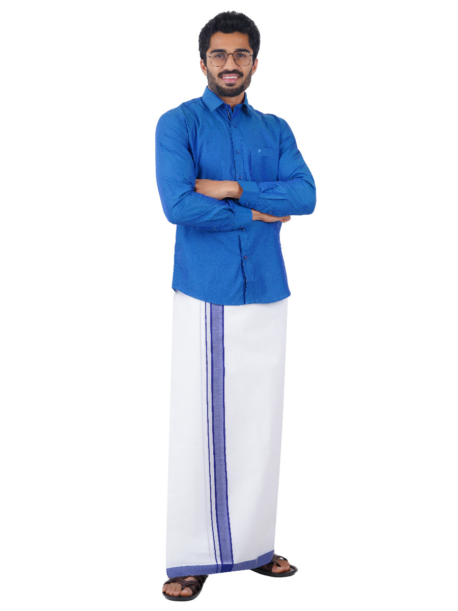 Mens Fancy Border Dhoti & Shirt Set Full Sleeves Blue G101