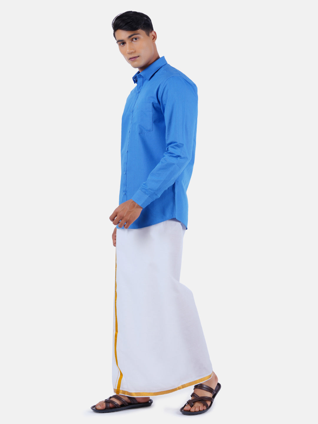 Mens Cotton Full Sleeves Shirt with 3/4'' Gold Jari Dhoti Combo-Sdie view