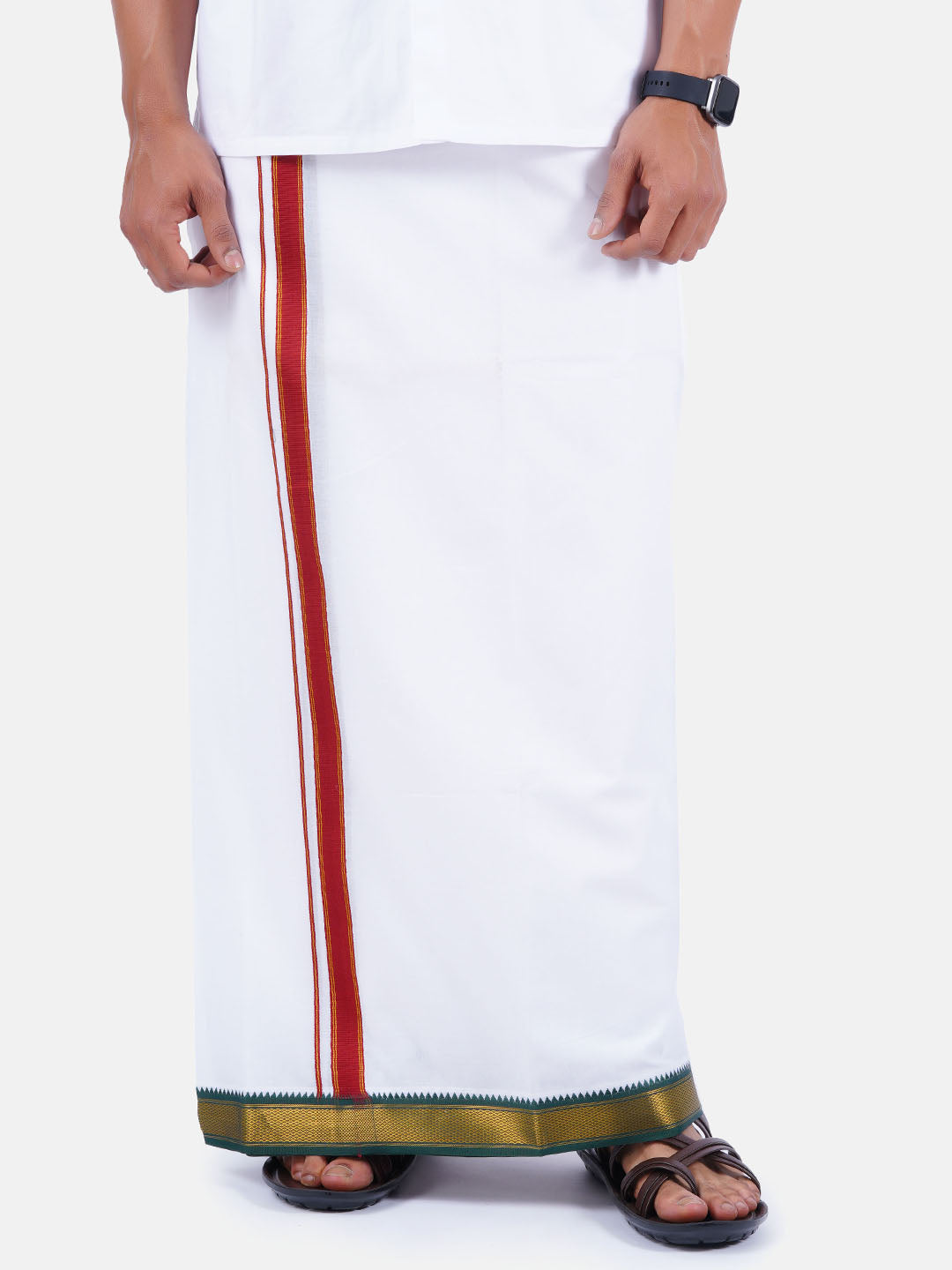 Mens Double Dhoti White with Gold Jari Border Thavasi-Bottom view