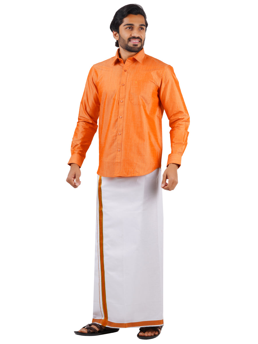 Mens Matching Jari Border Dhoti & Shirt Set Full Orange VB4-Side view