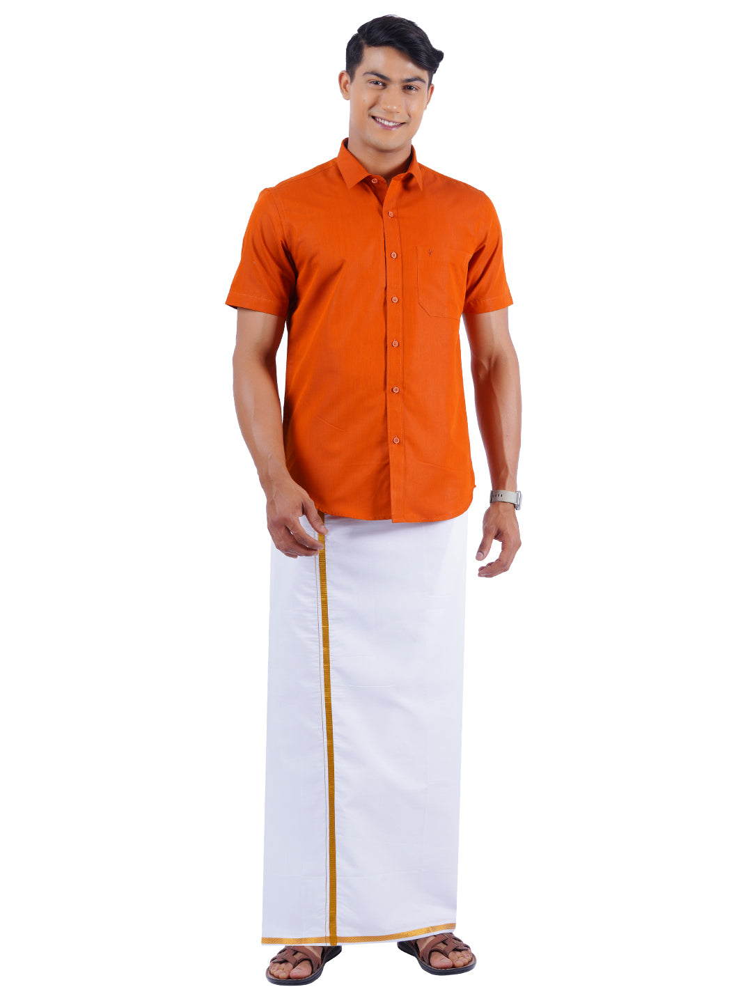 Mens Cotton Half Sleeves Shirt with 1/2'' Gold Jari Dhoti Combo