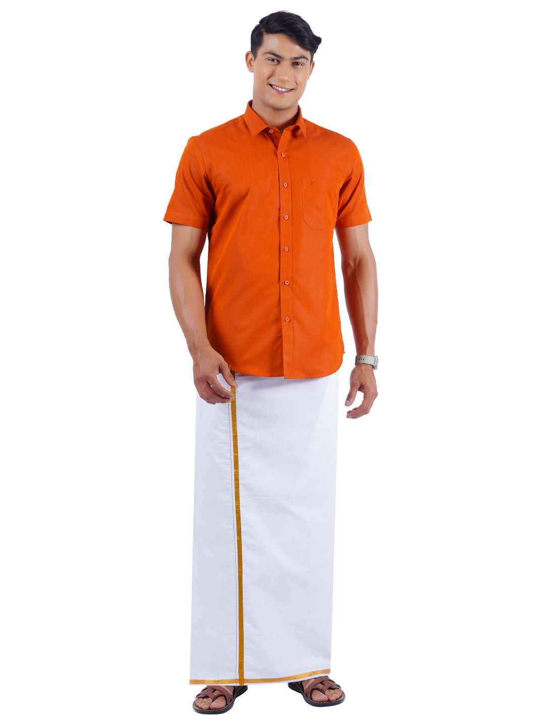 Mens Cotton Color Half Sleeves Shirt with 1/2'' Gold Jari Dhoti Combo