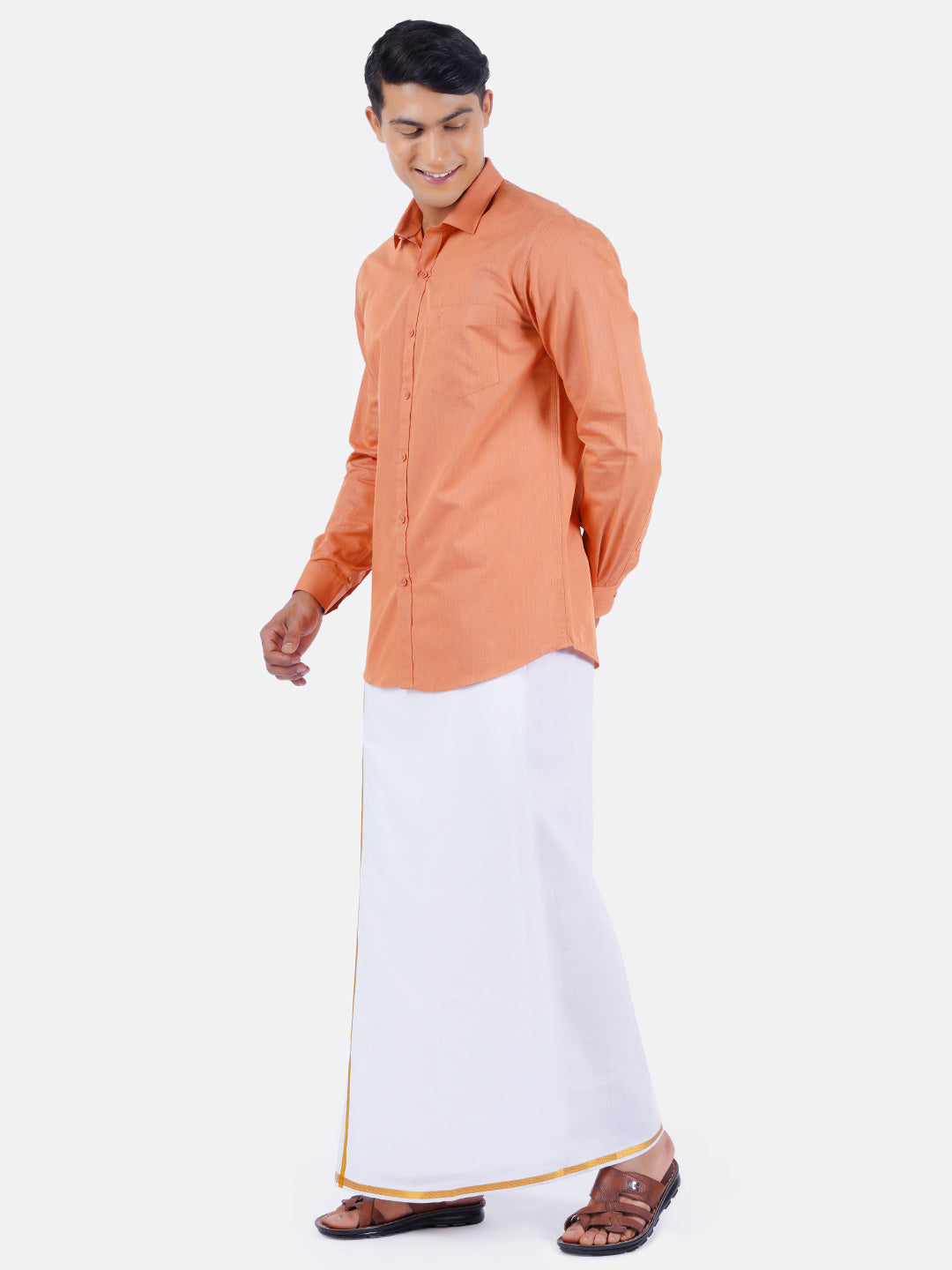 Mens Cotton Color Full Sleeves Shirt with 1/2'' Gold Jari Dhoti Combo-Side view