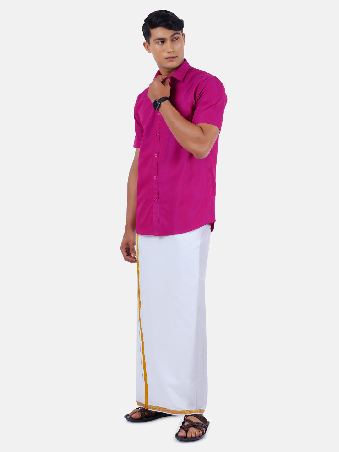 Mens Cotton Half Sleeves Shirt with 3/4'' Gold Jari Dhoti Combo-Side view