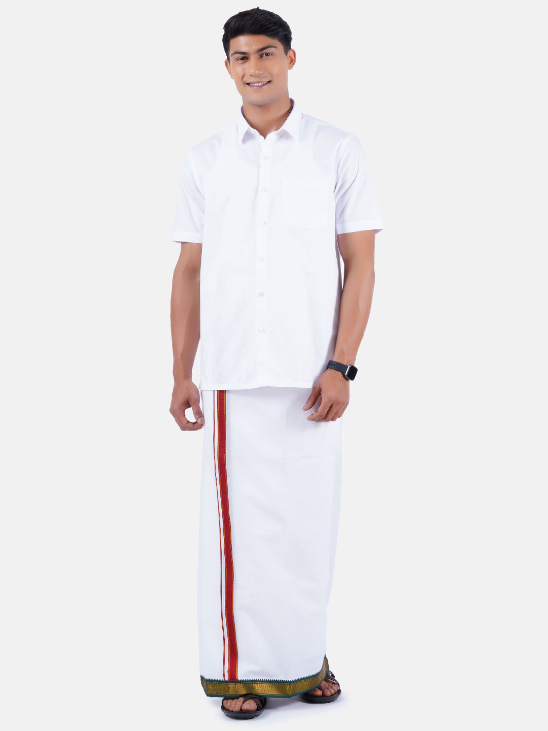 Mens Double Dhoti White with Gold Jari Border Thavasi-Full view