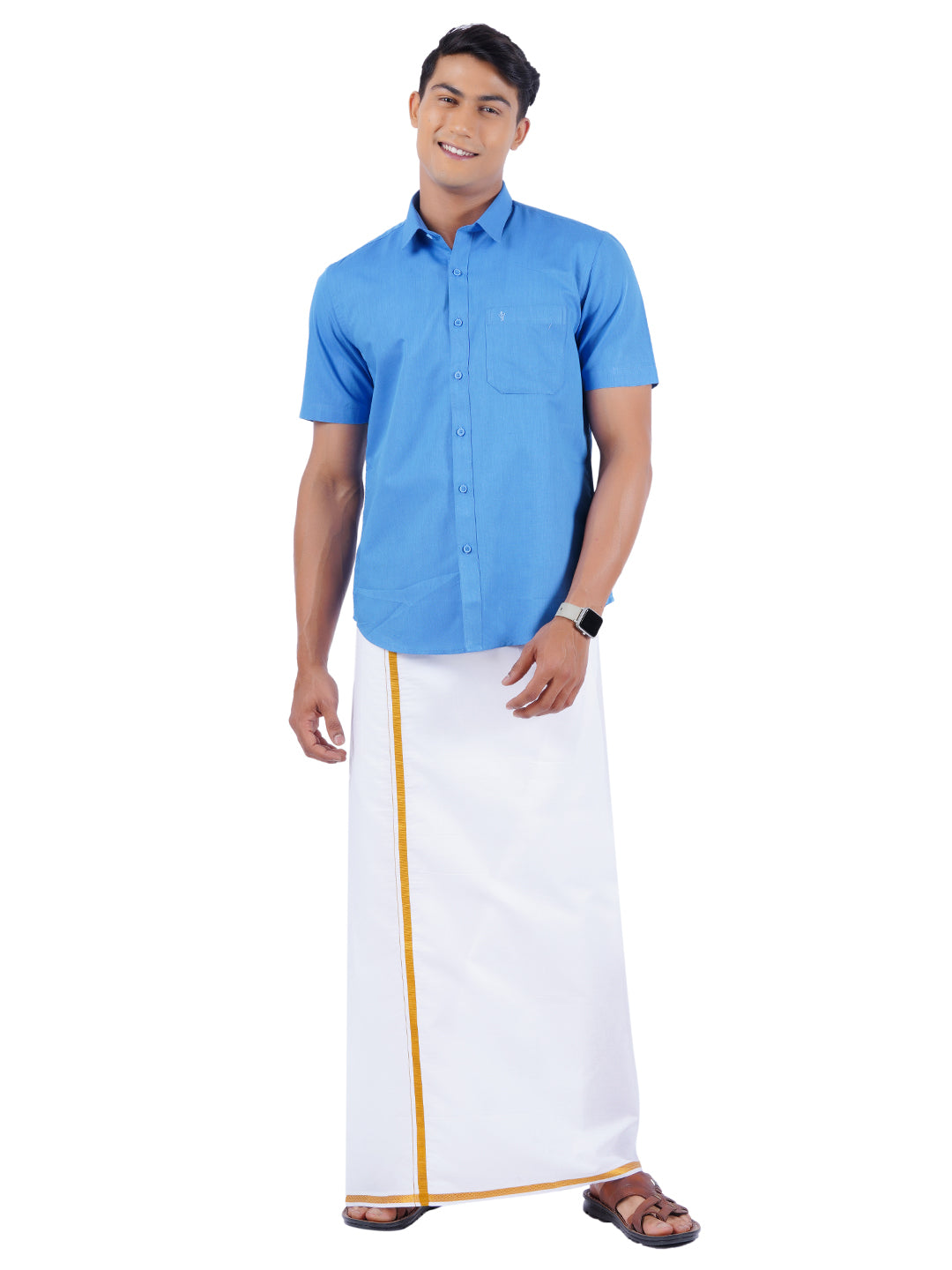 Mens Cotton Half Sleeves Shirt with 1/2'' Gold Jari Dhoti Combo