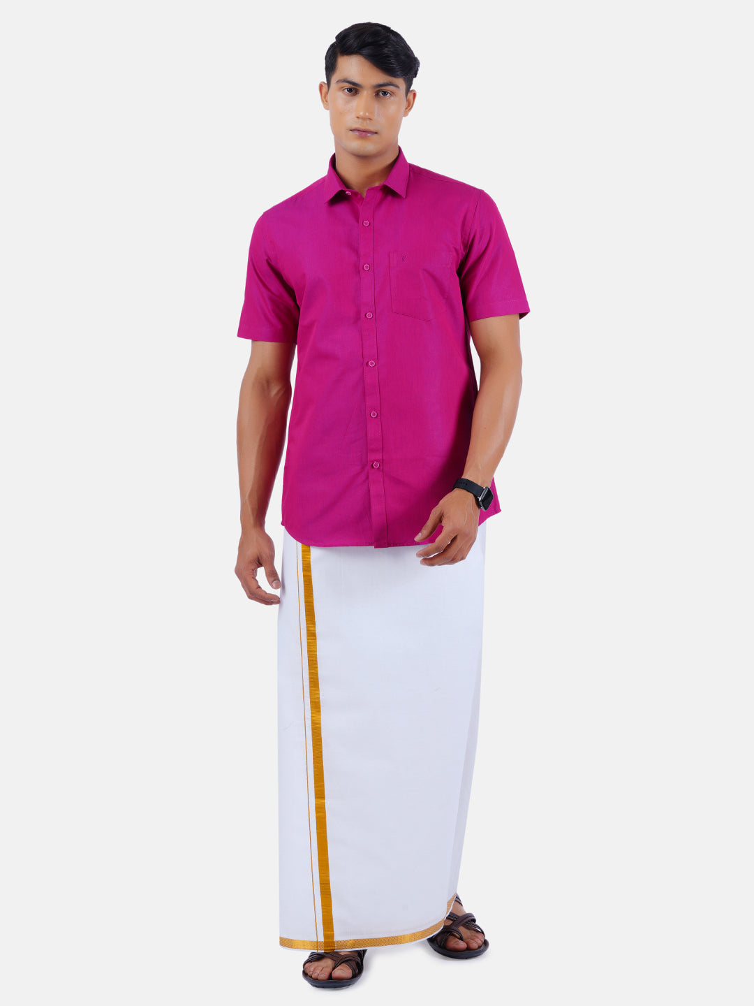 Mens Cotton Half Sleeves Shirt with 3/4'' Gold Jari Dhoti Combo