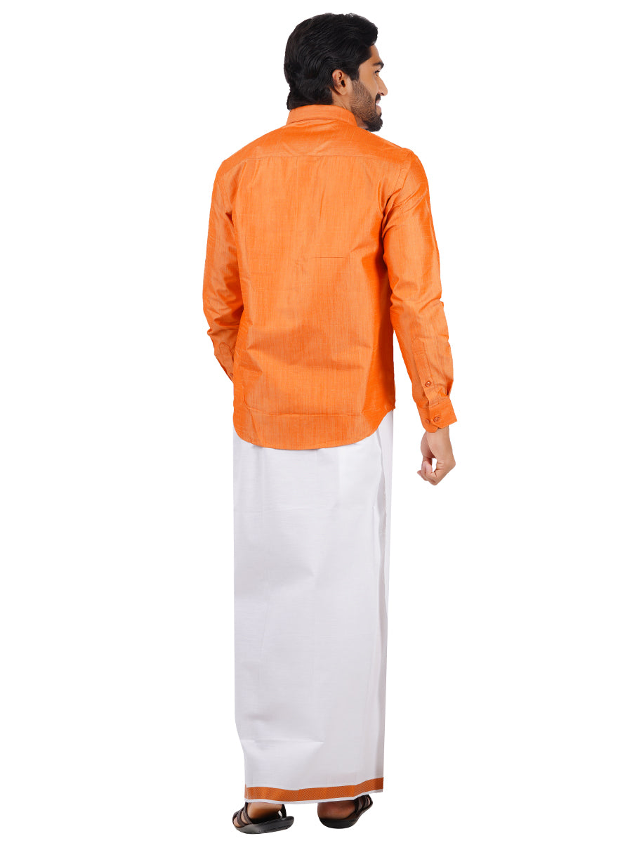 Mens Matching Jari Border Dhoti & Shirt Set Full Orange VB4-Back view