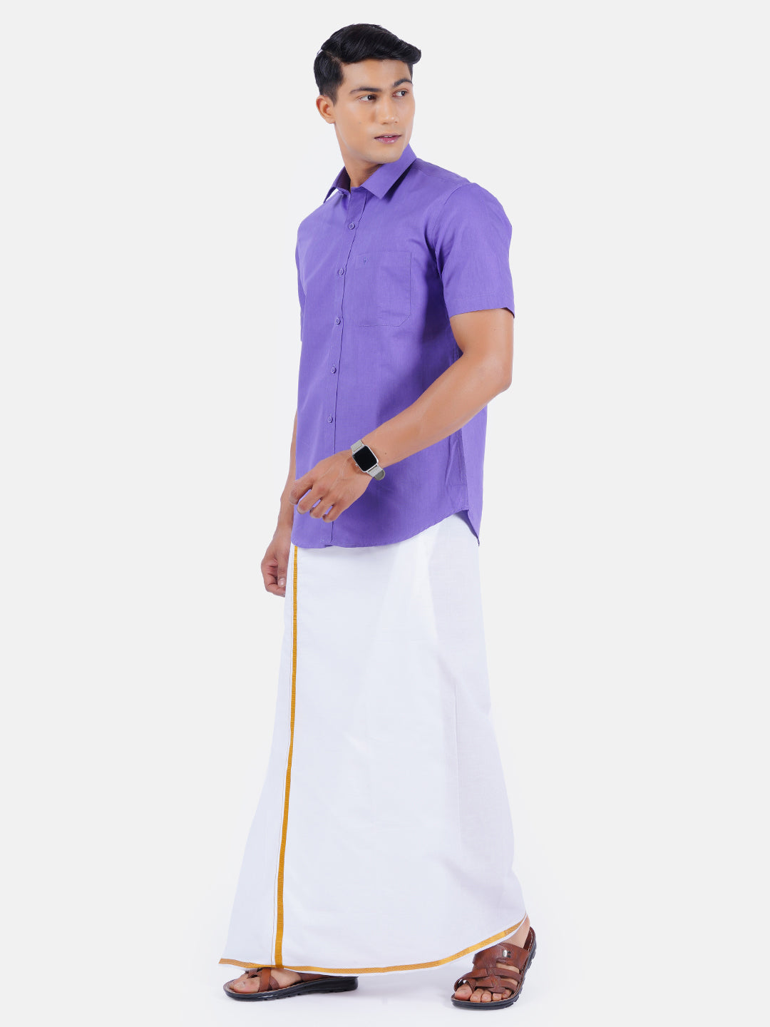 Mens Cotton Half Sleeves Shirt with 1/2'' Gold Jari Dhoti Combo-Side view