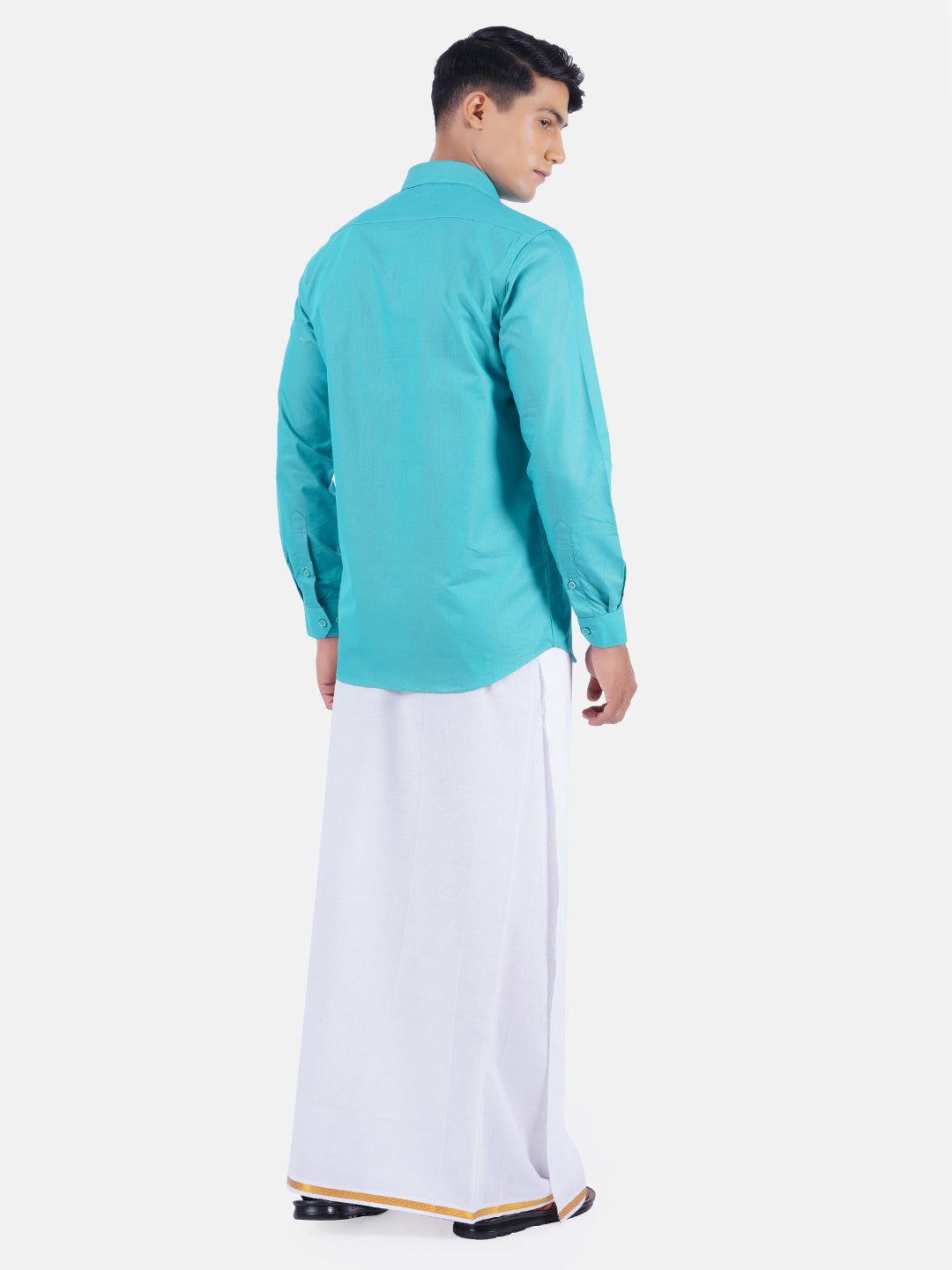 Mens Cotton Full Sleeves Shirt with 1/2'' Gold Jari Dhoti Combo-Back view