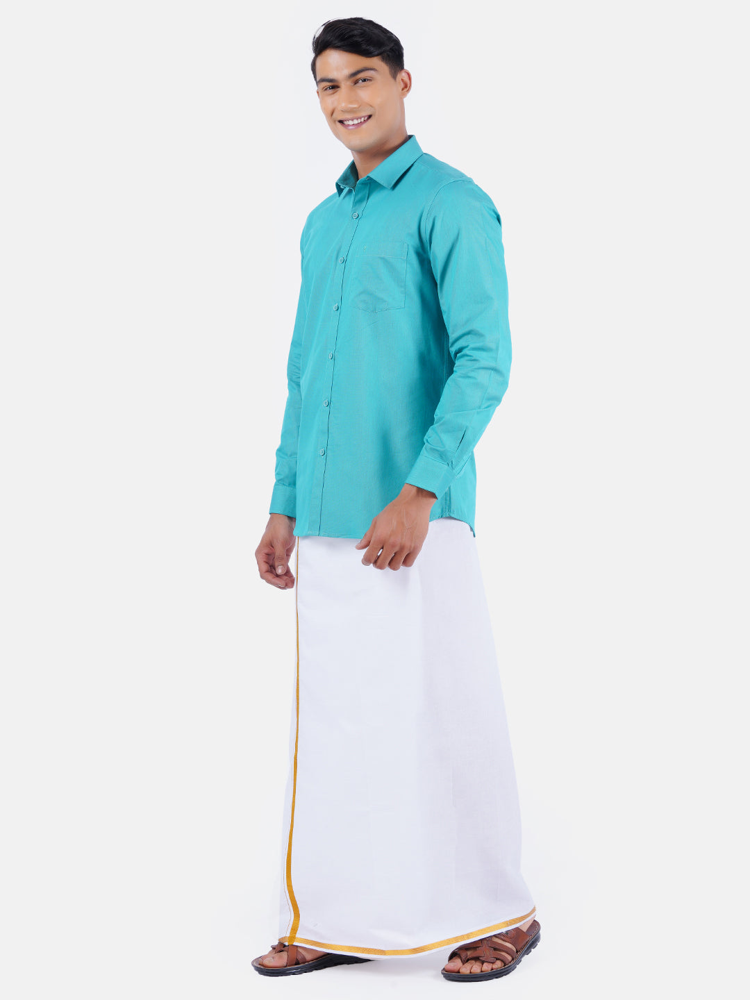 Mens Cotton Full Sleeves Shirt with 1/2'' Gold Jari Dhoti Combo-Side view