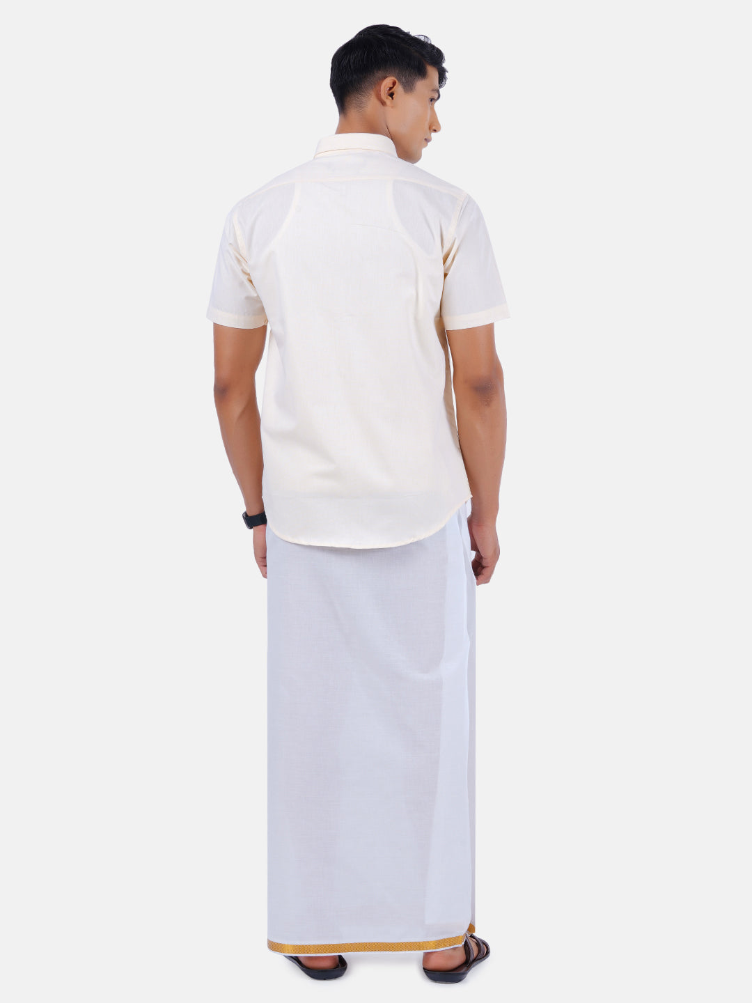 Mens Cotton Half Sleeves Shirt with 1/2'' Gold Jari Dhoti Combo-Back view