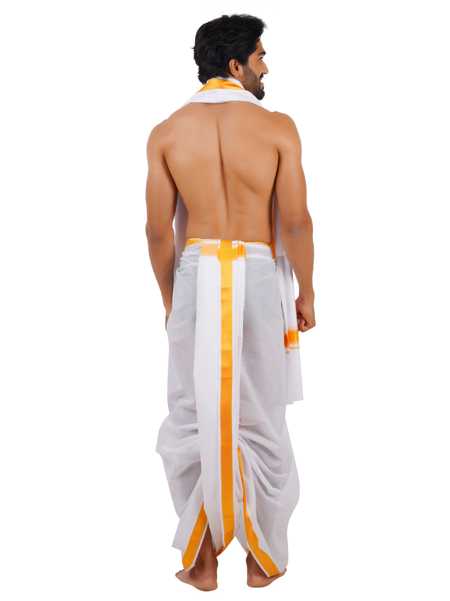 Mens Panchakacham White with Gold Jari Border Mani Stone 100k (9+5)-BACK VIEW