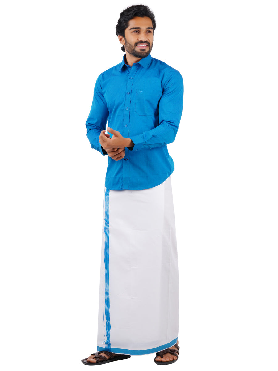 Mens Fancy Border Dhoti & Shirt Set Full Sleeves Blue G113-Side view