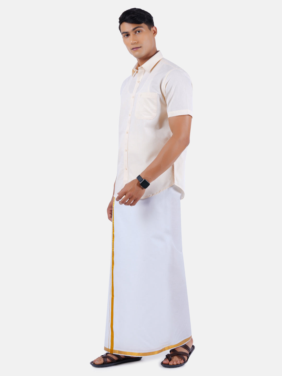 Mens Cotton Colour Half Sleeves Shirt with Jari Dhoti Plus Size Combo-Sdie view