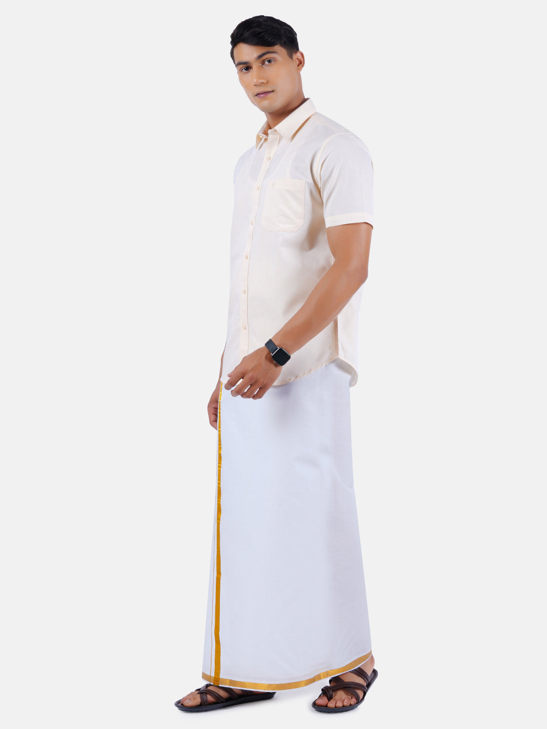 Mens Cotton Half Sleeves Shirt with 1/2'' Gold Jari Dhoti Combo-Side view