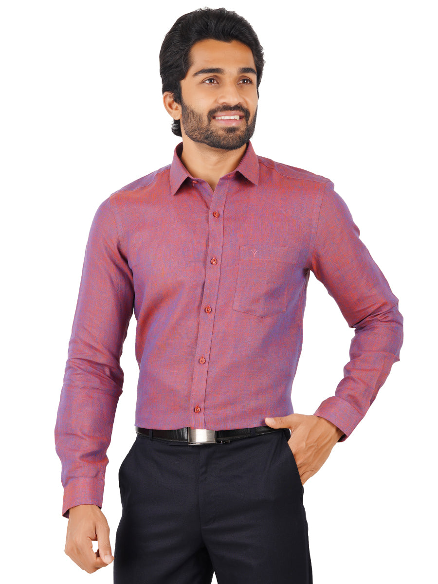 Mens Pure Linen Full Sleeves Shirt Purple-Front view