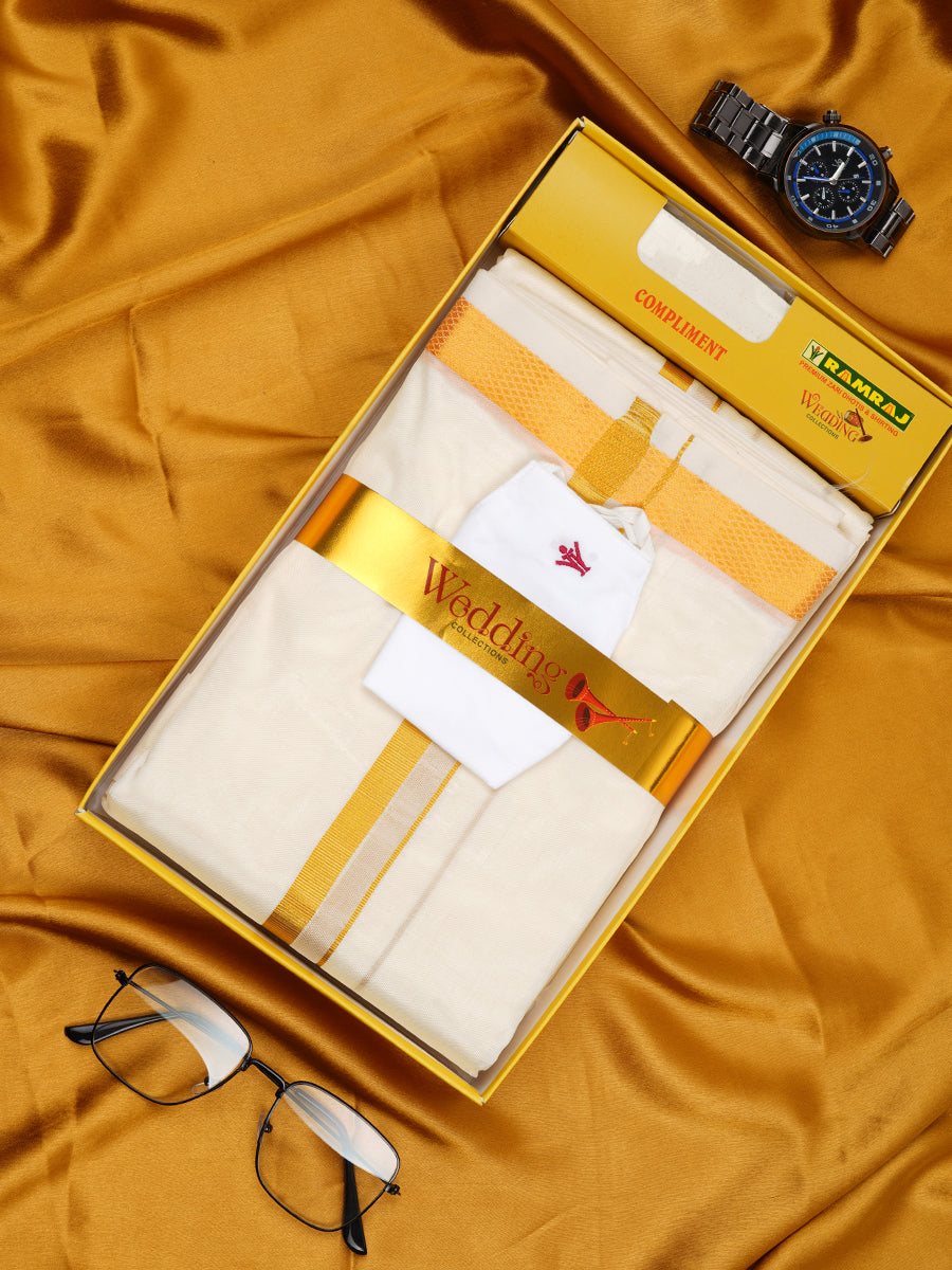 Wedding Cream Zari Dhoti with shirt Bit & Towel Set Subamangalam 50k