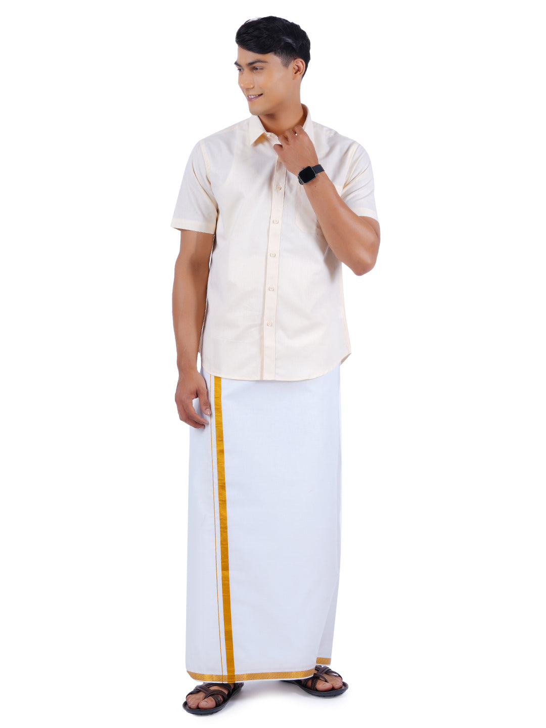 Mens Cotton Half Sleeves Shirt with 3/4'' Gold Jari Dhoti Combo