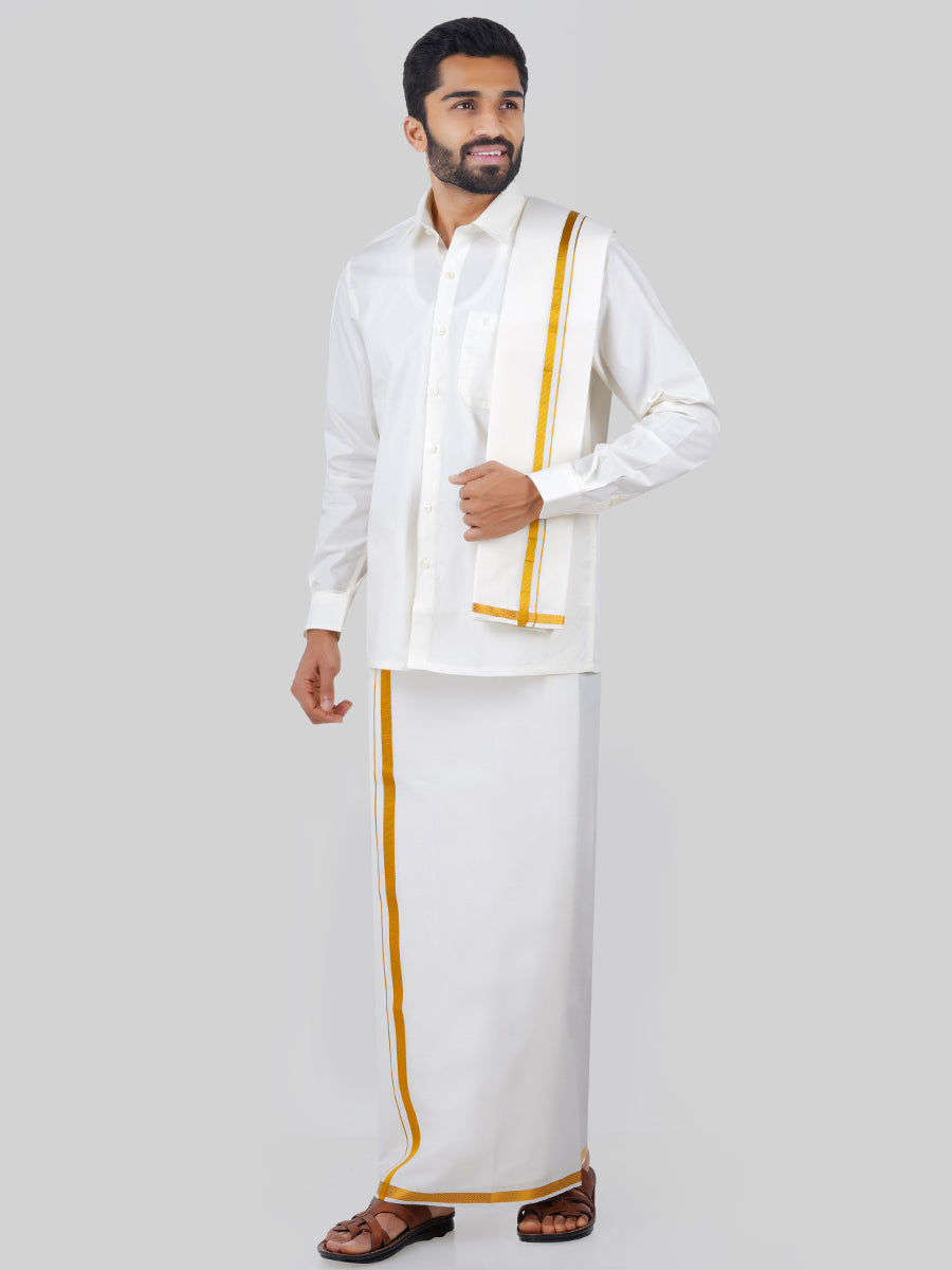 Mens Cream Full Sleeves Shirt 1/2" Gold Jari Single Dhoti+Towel+Belt Combo-Side view