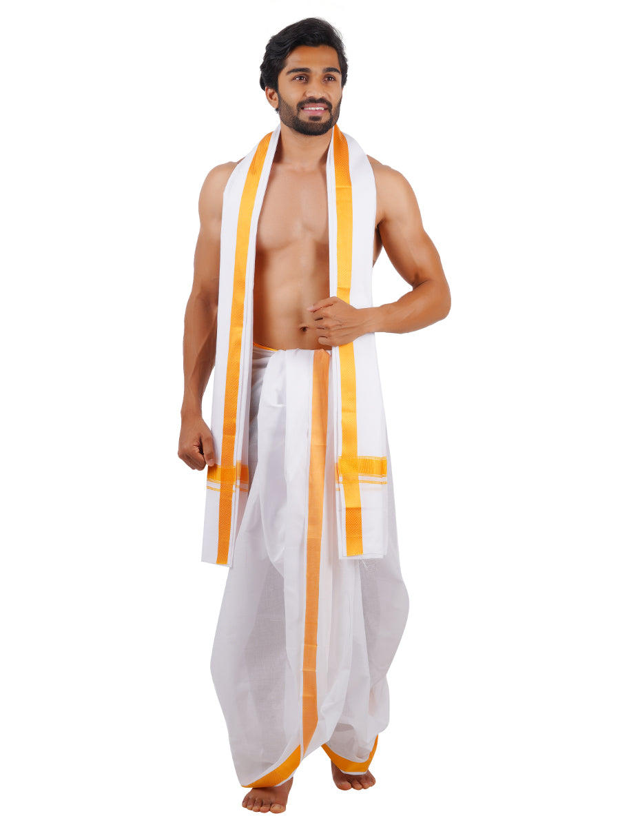 Mens Panchakacham White with Gold Jari Border Mani Stone 100k (9+5)