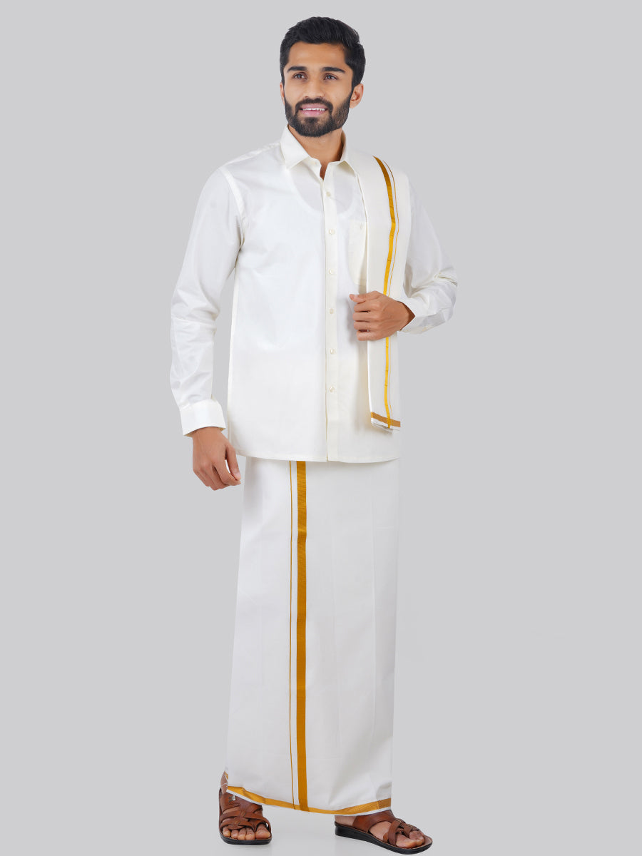 Mens Cream Full Sleeves Shirt 1/2" Gold Jari Single Dhoti+Towel+Belt Combo-Front view