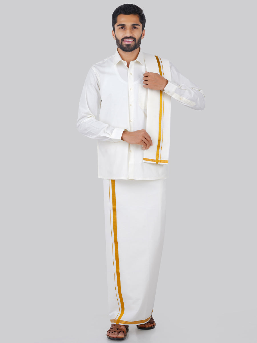 Mens Cream Full Sleeves Shirt 1/2" Gold Jari Single Dhoti+Towel+Belt Combo\