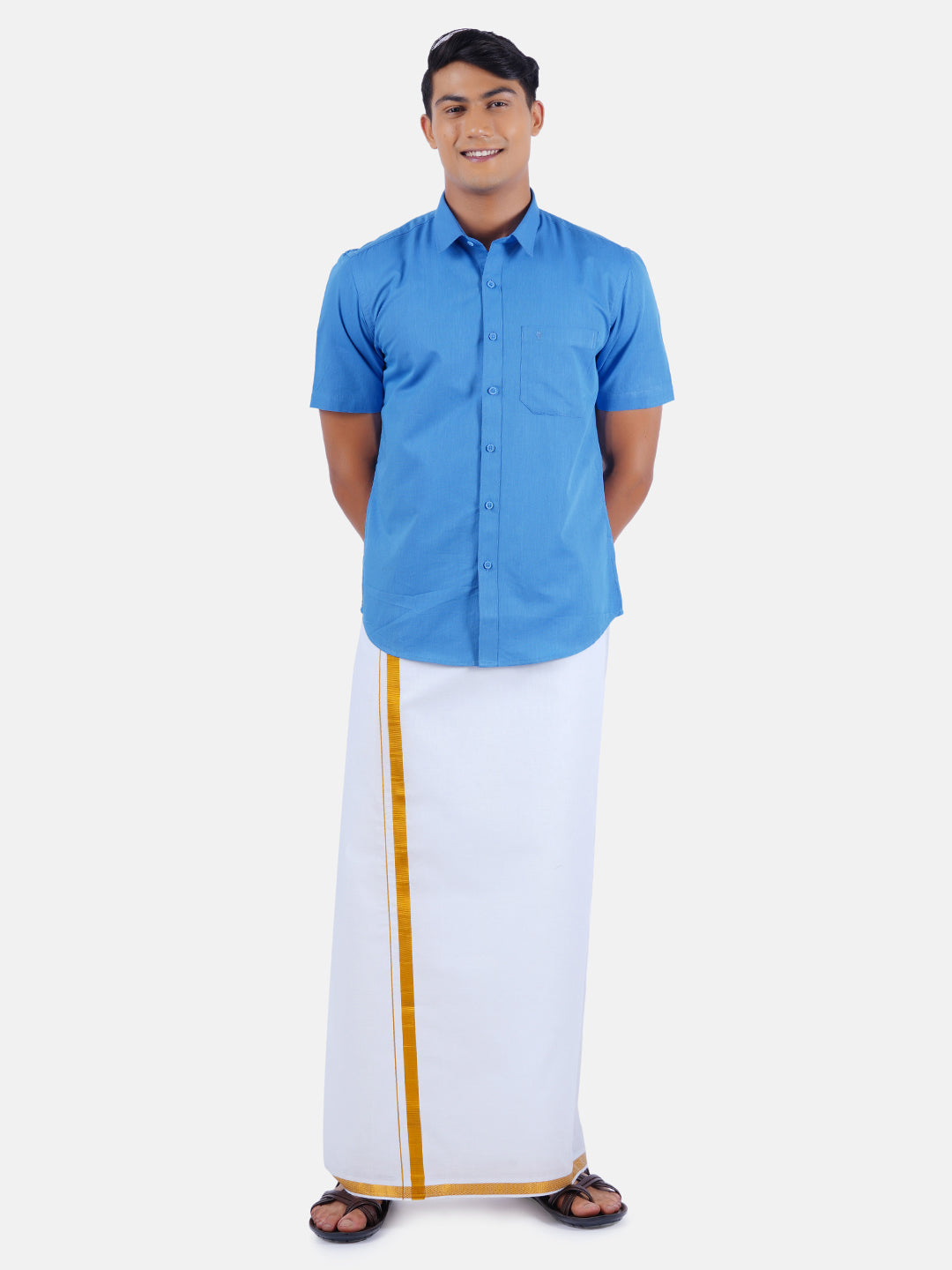 Mens Cotton Half Sleeves Shirt with 3/4'' Gold Jari Dhoti Combo